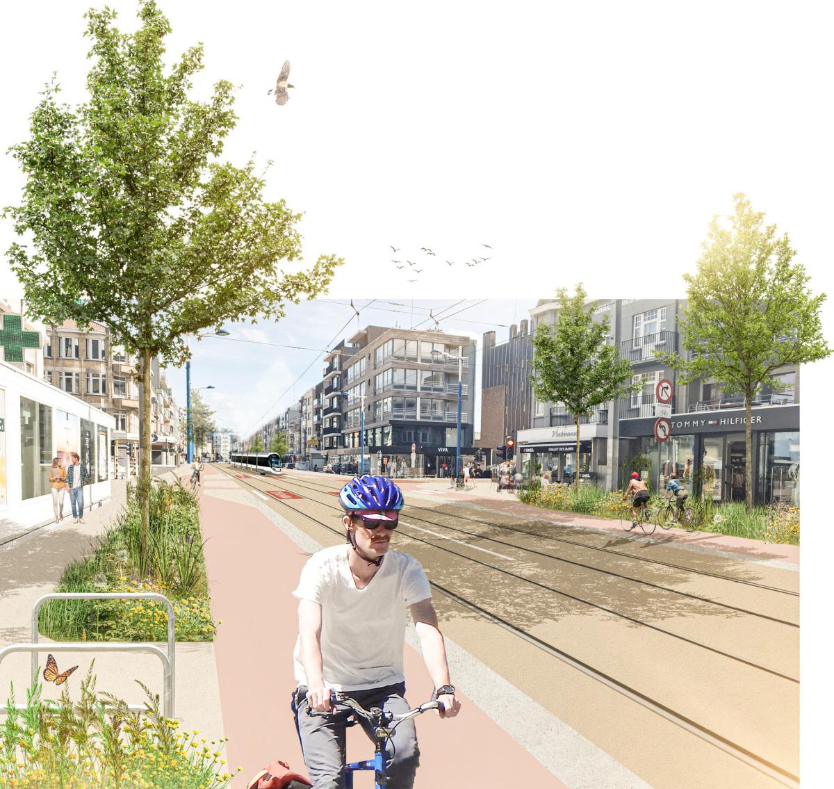 Visuele voorstelling van de vernieuwde kustbaan N34 in Koksijde-Bad bij de Zeelaan