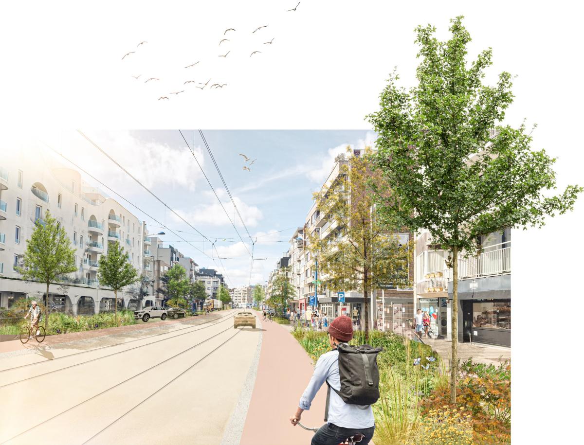 Visuele voorstelling van de vernieuwde kustbaan N34 in Koksijde-Bad tussen Willemstraat en Heiststraat