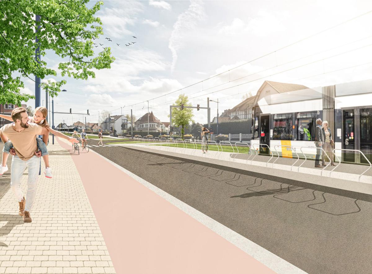 Visuele voorstelling van de vernieuwde kustbaan N34 in Koksijde-Bad bij de Lejeunelaan
